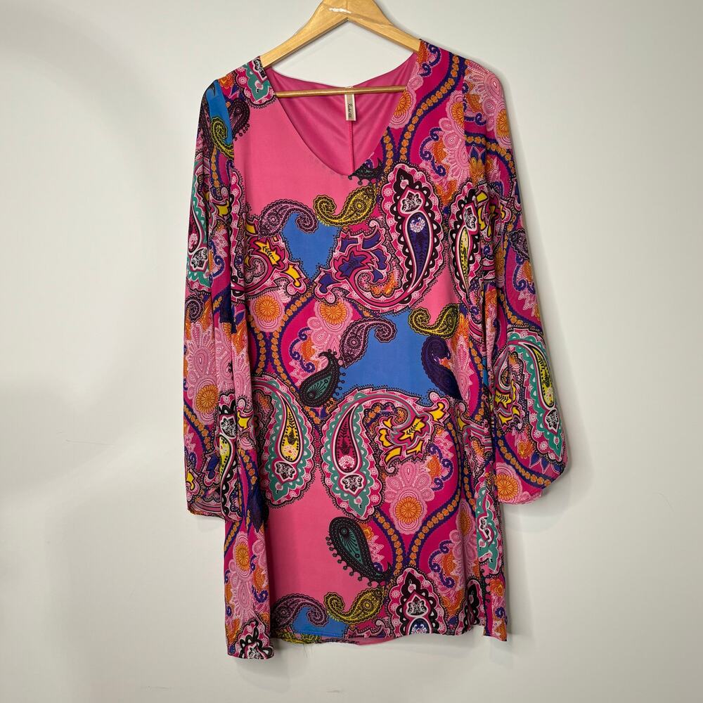 Rachel Kate Paisley Print Tunic Dress Large Pink Blue Boho Bell Sleeve
